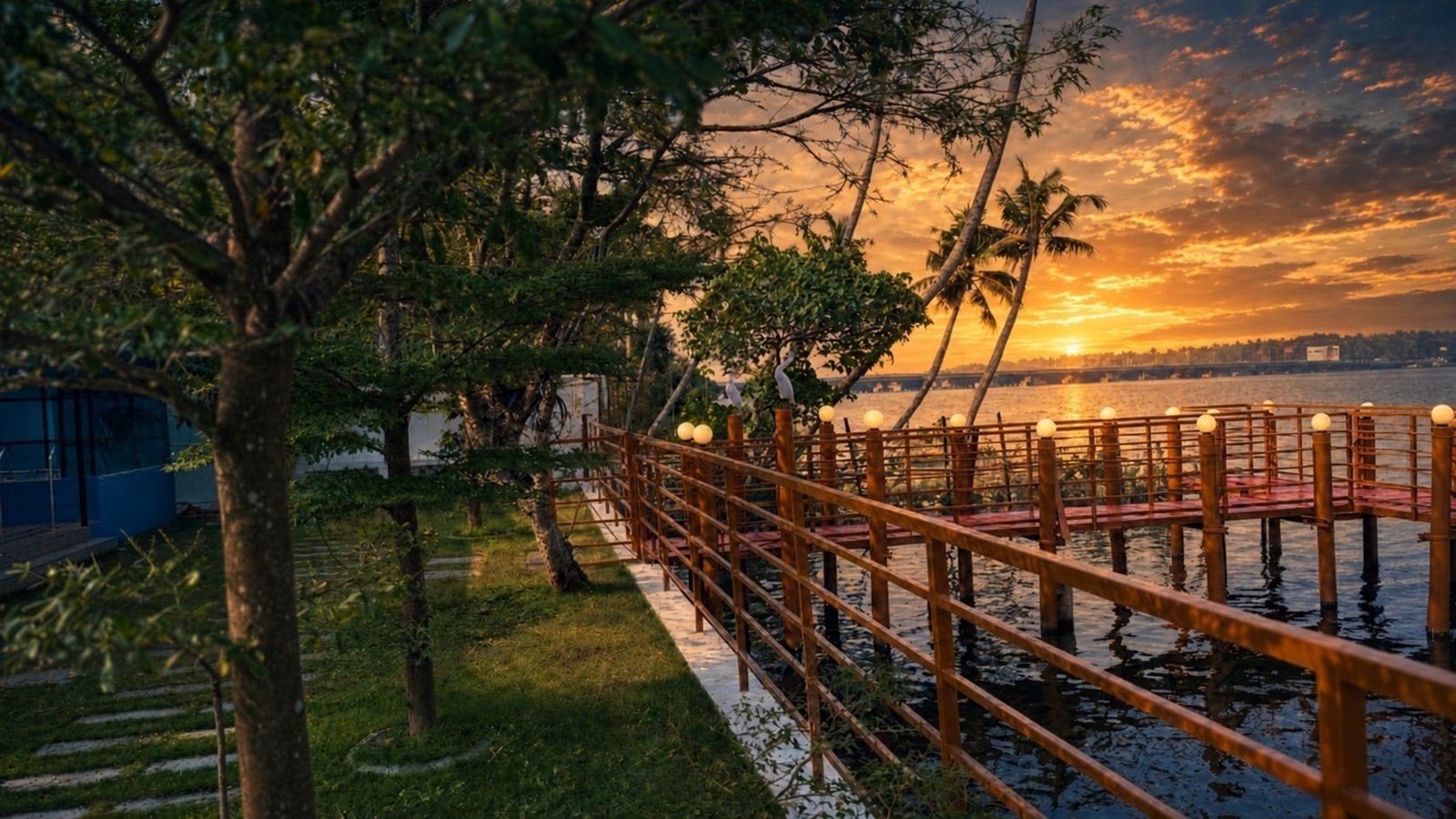 Waterfront deck at Mayooram during sunset